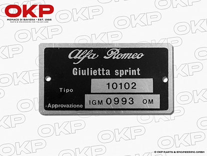 Type label Alfa Romeo 101.02 Giulietta Sprint 1300