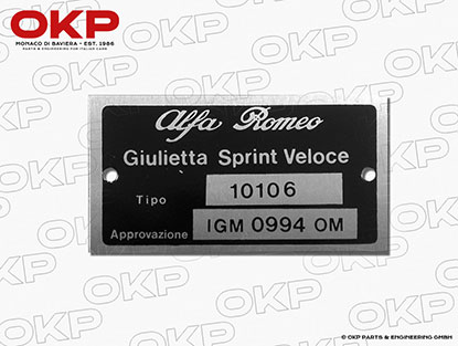 Typenschild Alfa Romeo 101.06 Giulietta Sprint Veloce