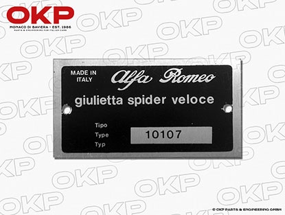 Type label Alfa Romeo 101.07 Giulietta Spider Veloce